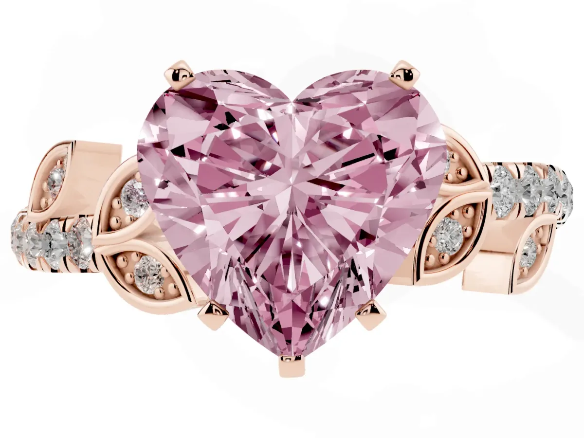 Fancy Pink Heart Cut Solitaire Leaf-Inspired Diamond Ring with Pavé Band and Four-Prong Setting Rose gold