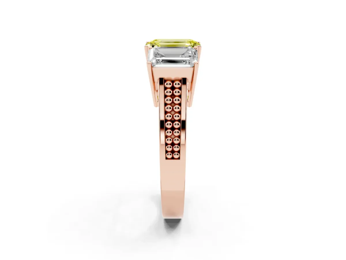 Fancy Yellow Emerald Cut Diamond Three-Stone Ring with Prong Setting and Textured Band Rose gold