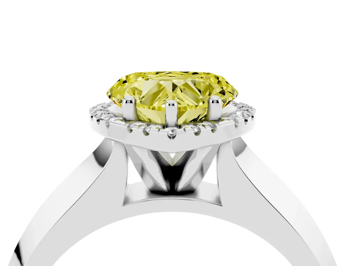 Fancy Yellow Heart Cut Halo Diamond Ring with Cathedral Band and Four-Prong Setting Silver