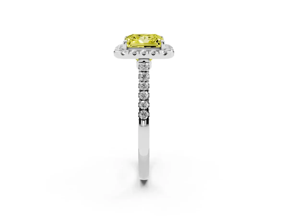 Fancy Yellow Princess Cut Halo Pave Diamond Engagement Ring with Four-Prong Setting Platinum