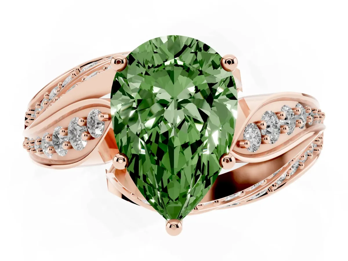 Fancy Green Pear Cut Diamond Solitaire Ring with Prong Setting and Twisted Pavé Band Rose gold