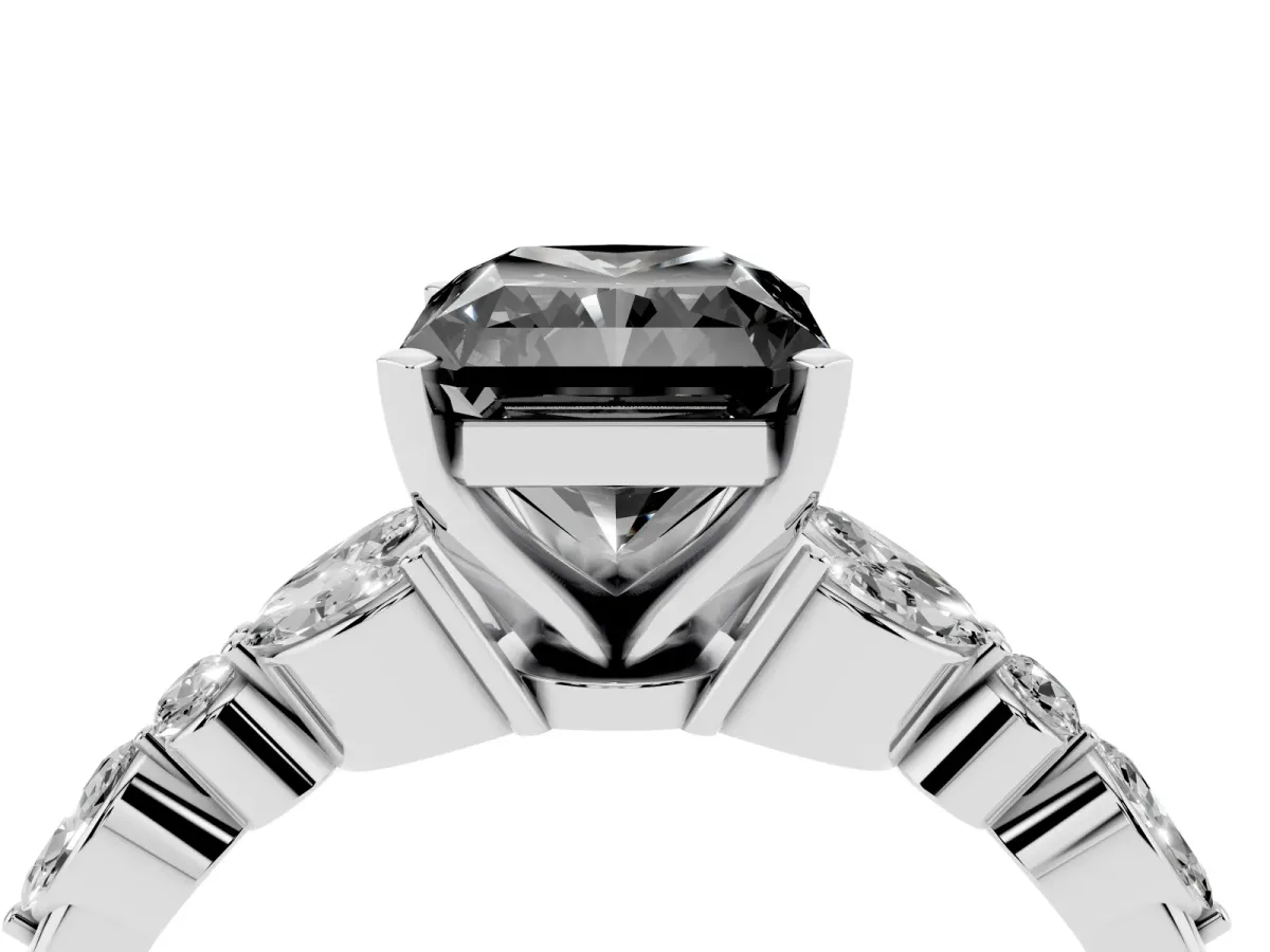 Fancy Black Radiant Cut Diamond Solitaire Ring with Side Stones and Four-Prong Setting Silver