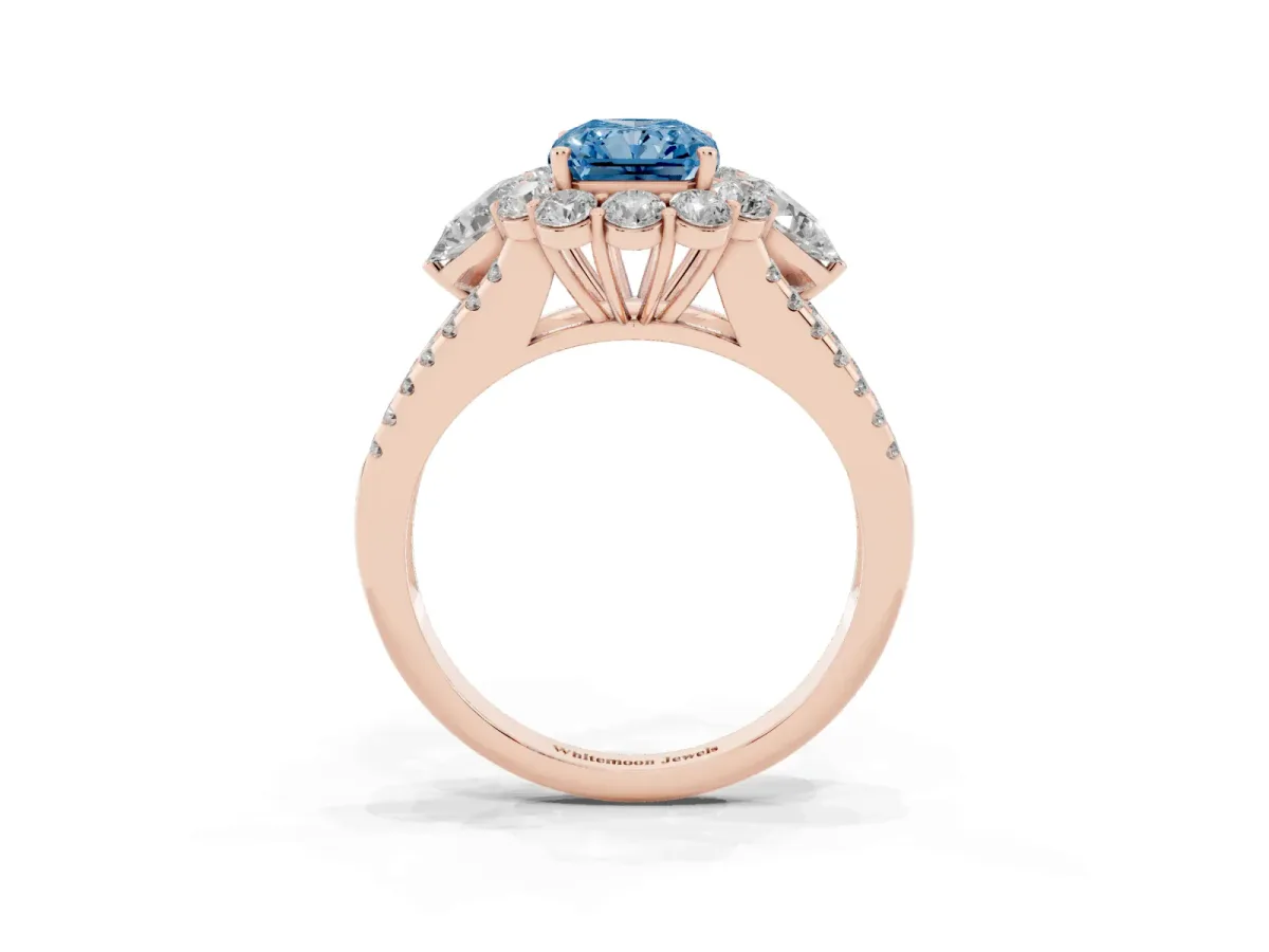 Fancy Blue Radiant Cut Halo Split Shank Diamond Engagement Ring with Prong Setting Rose gold