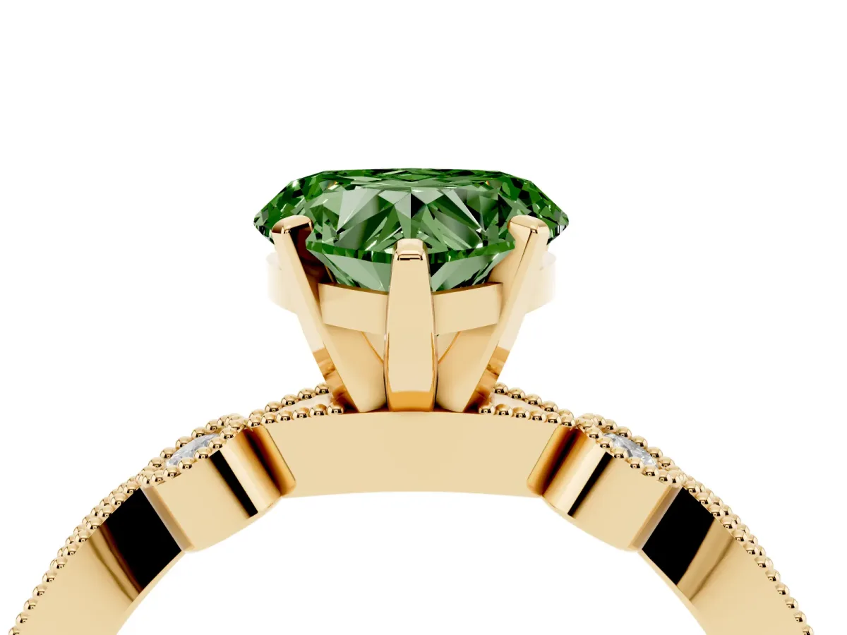 Fancy Green Heart Cut Milgrain Bezel Diamond Engagement Ring with Solitaire Prong Setting Yellow gold