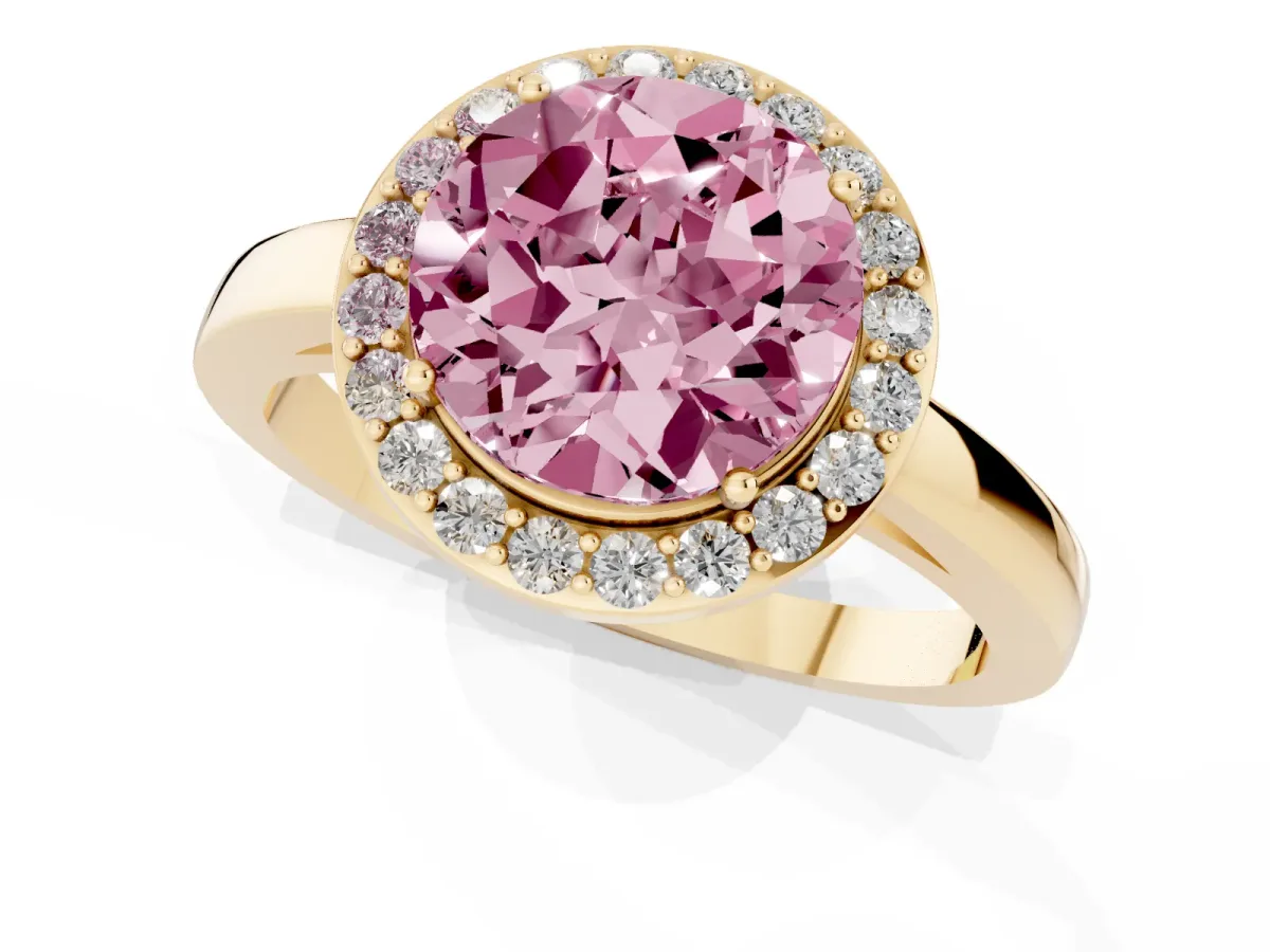 Fancy Pink Round Cut Halo Diamond Ring with Solitaire Band and Prong Setting Yellow gold