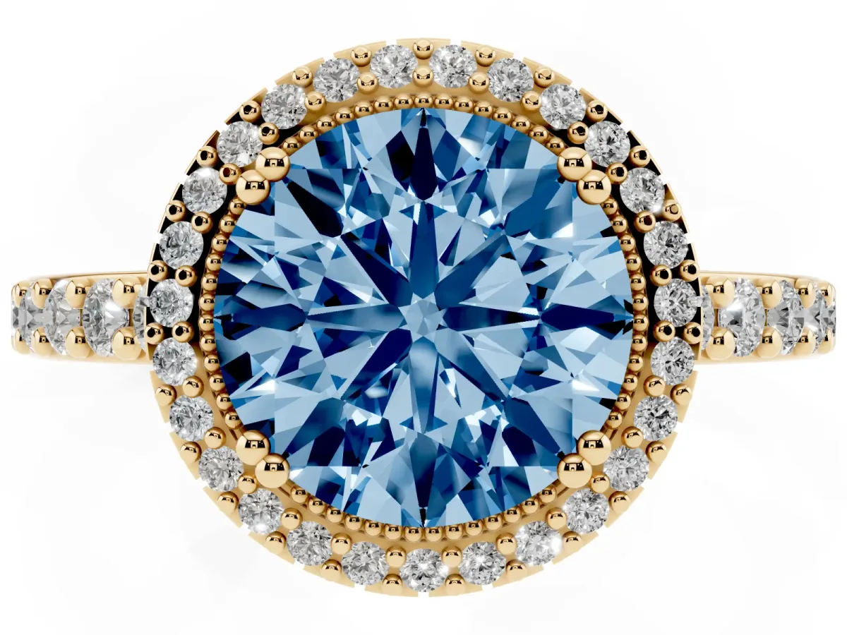 Fancy Blue Round Cut Cut Diamond Halo Engagement Ring with Milgrain Detail and Pavé Band Yellow gold