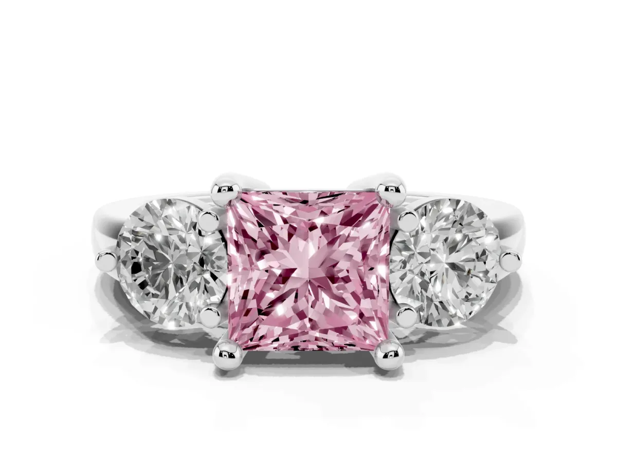 Fancy Pink Three-Stone Princess Cut Brilliant Cut Solitaire Ring with Prong Setting on a Classic Band Silver