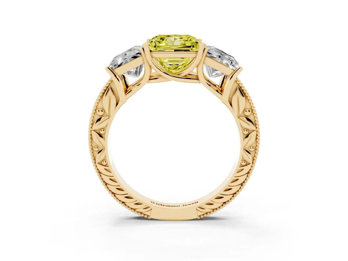 Fancy Yellow Three-Stone Princess Cut Cut Milgrain Pavé Engagement Ring Yellow gold