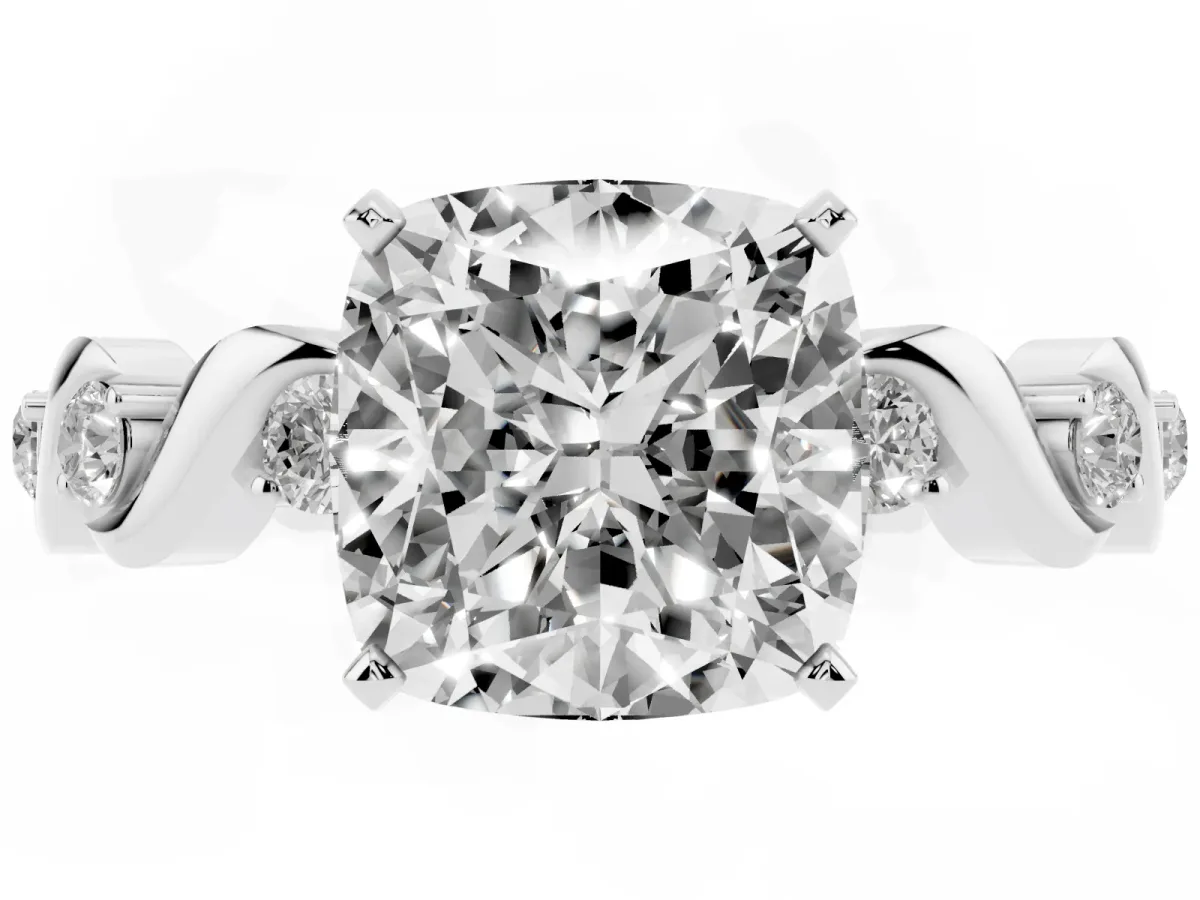 Cushion Cut Diamond Solitaire Twisted Band with Round Accents and Prong Setting White gold