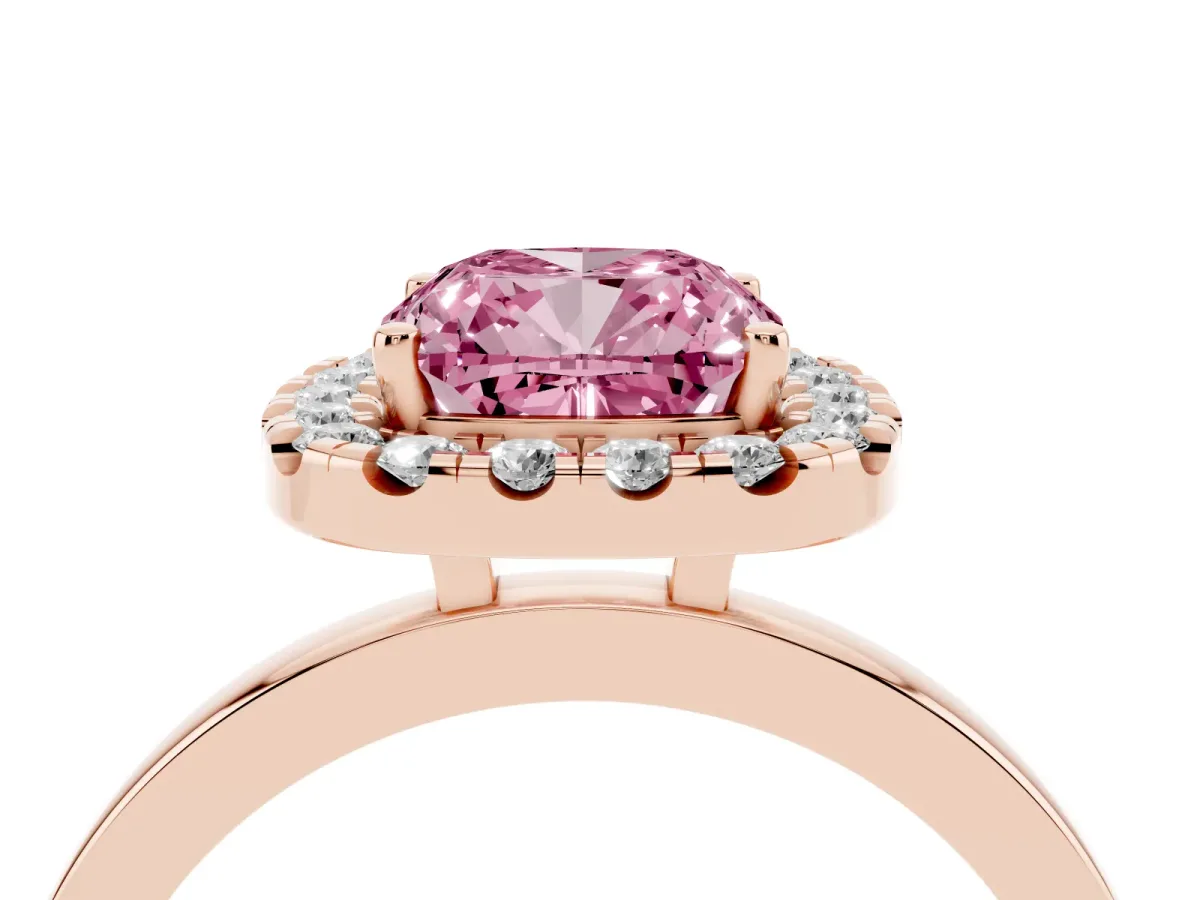 Fancy Pink Cushion Cut Halo Diamond Solitaire with Pavé Band and Four-Prong Setting Rose gold