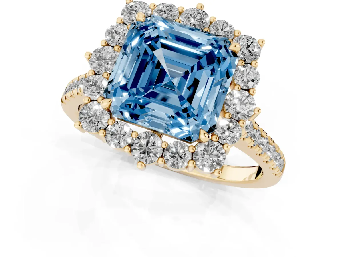 Fancy Blue Asscher Cut Halo Diamond Ring with Pavé Band and Prong Setting Yellow gold