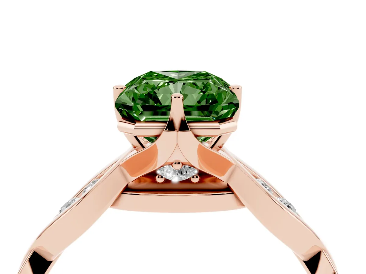 Fancy Green Radiant Cut Solitaire Twist Band with Leaf Prong Setting Rose gold