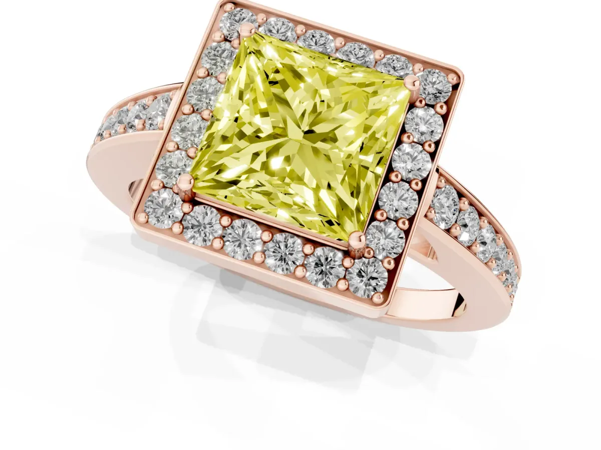 Fancy Yellow Princess Cut Halo Pavé Diamond Engagement Ring with Bezel Setting Rose gold