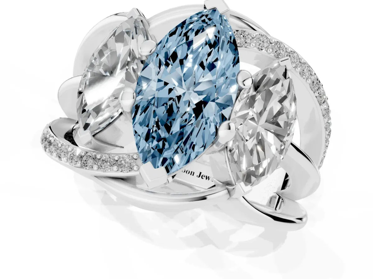 Fancy Blue Three-Stone Marquise Cut Cut Diamond Split Shank Prong Set Ring White gold