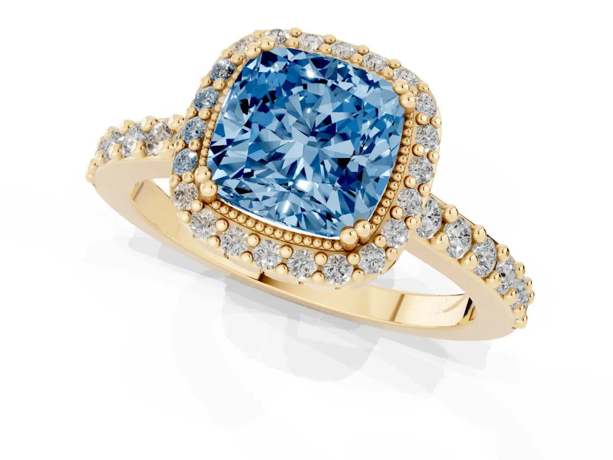 Fancy Blue Cushion Cut Cut Diamond Halo Engagement Ring with Milgrain Detail and Pavé Band Yellow gold