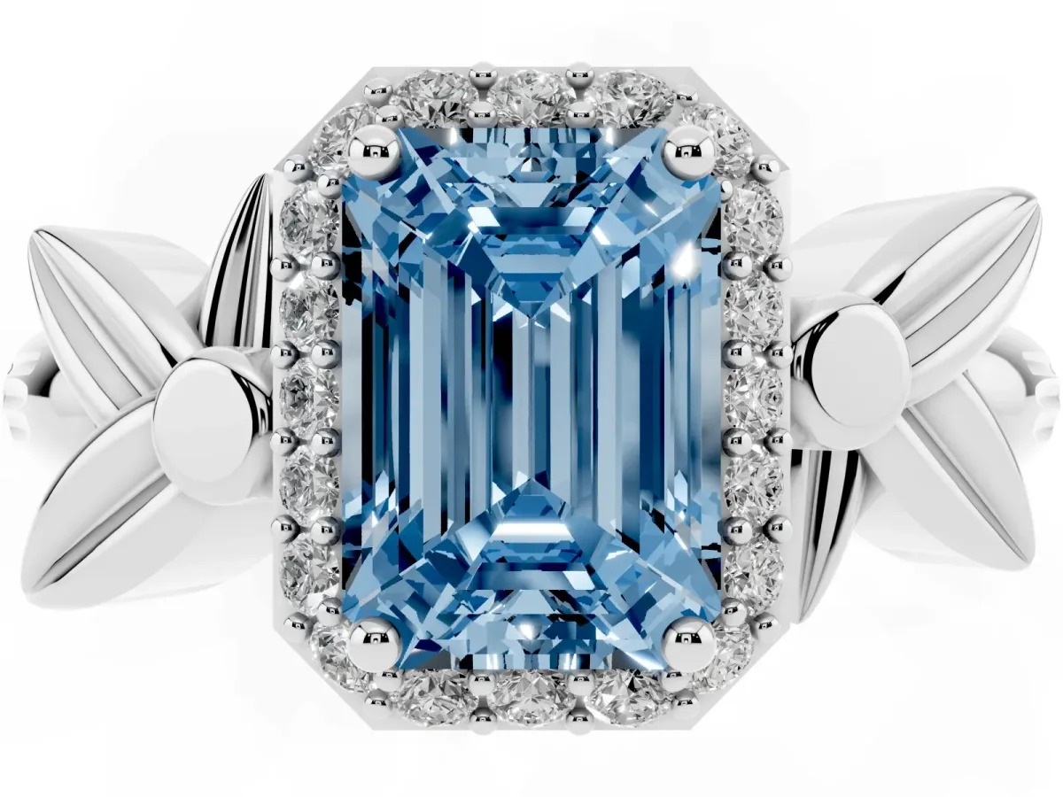 Fancy Blue Emerald Cut Halo Diamond Floral Band with Four-Prong Setting White gold