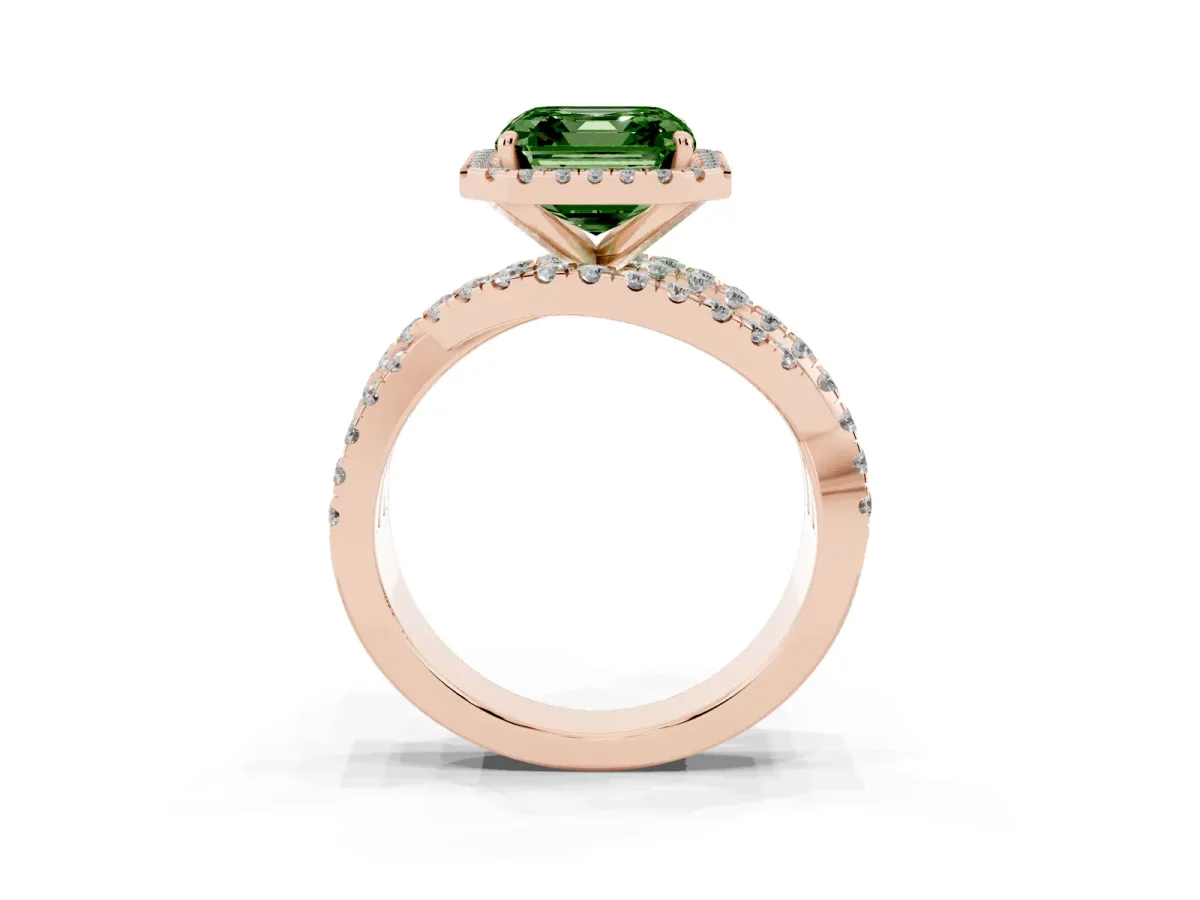 Fancy Green Asscher Cut Diamond Halo Ring with Round Split Shank and Prong Setting Rose gold