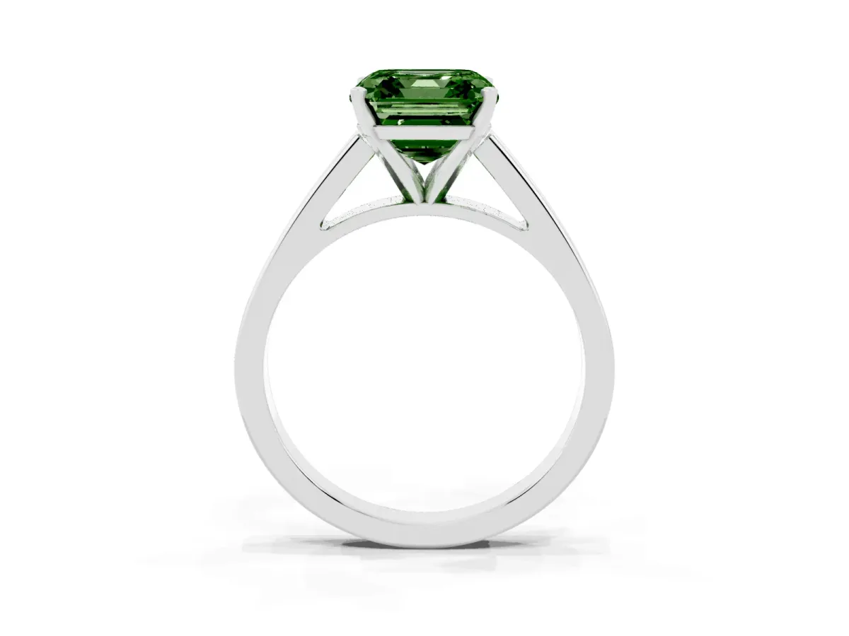 Fancy Green Asscher Cut Solitaire Engagement Ring with Four-Prong Setting and Tapered Band Silver