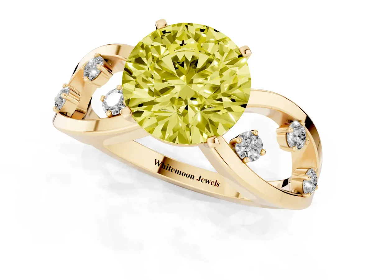 Fancy Yellow Round Cut Cut Solitaire Diamond with Side Stones on Criss-Cross Band and Four-Prong Setting Yellow gold