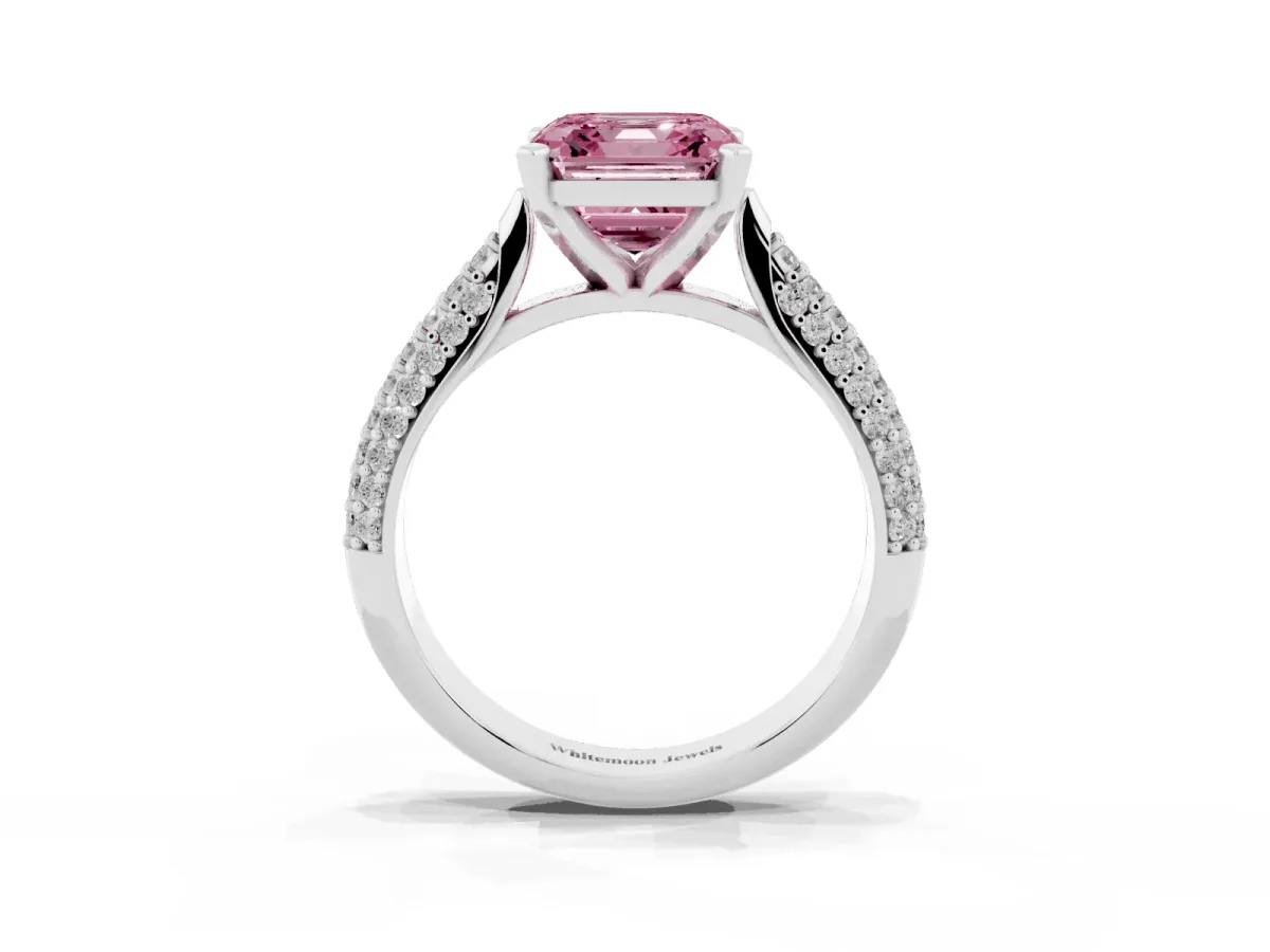 Fancy Pink Asscher Cut Diamond Solitaire Engagement Ring with Multi-Row Round Pavé Band and Prong Setting Platinum