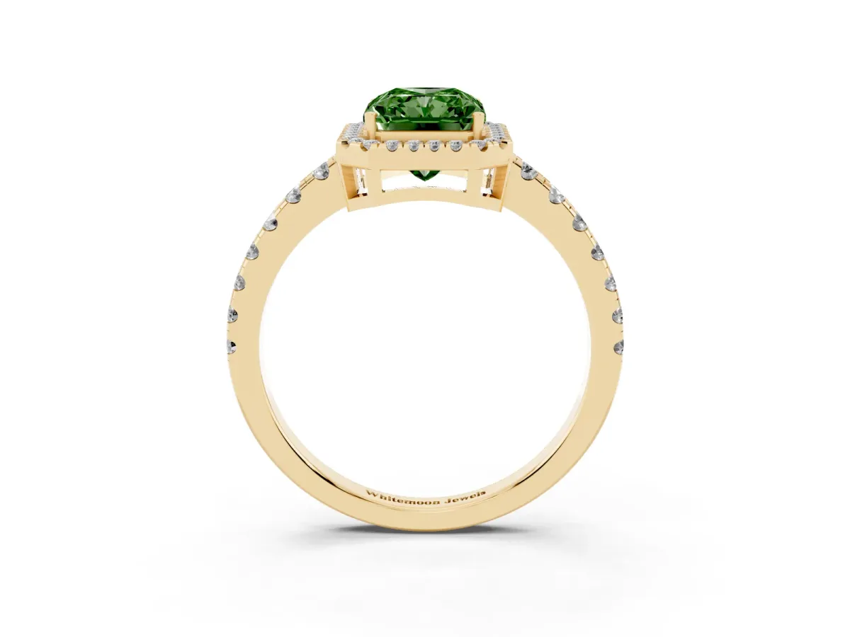 Fancy Green Radiant Cut Diamond Halo Ring with Pavé Band and Four-Prong Setting Yellow gold