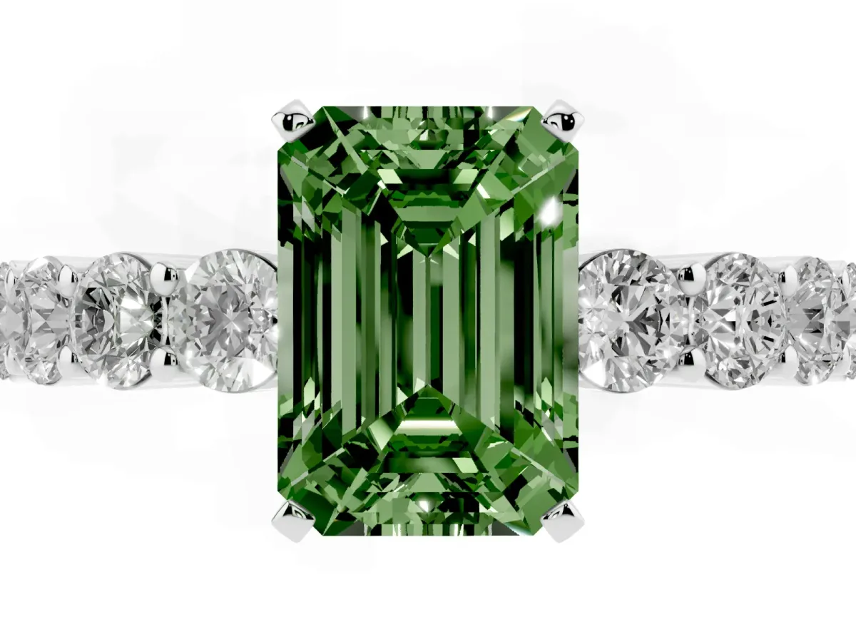 Fancy Green Emerald Cut Diamond Solitaire Ring with Shared Prong Round Side Stones Silver