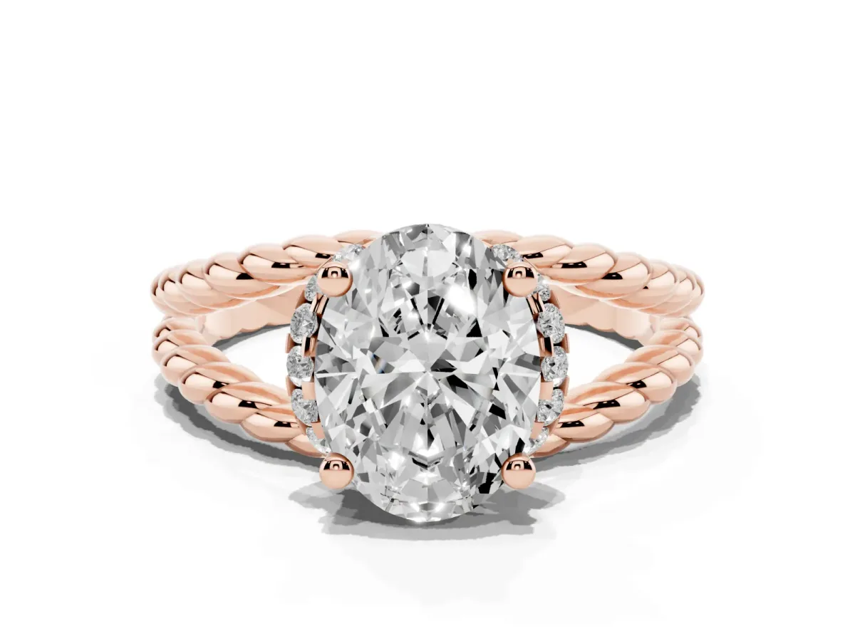Oval Cut Halo Twisted Band Four-Prong Ring Rose gold