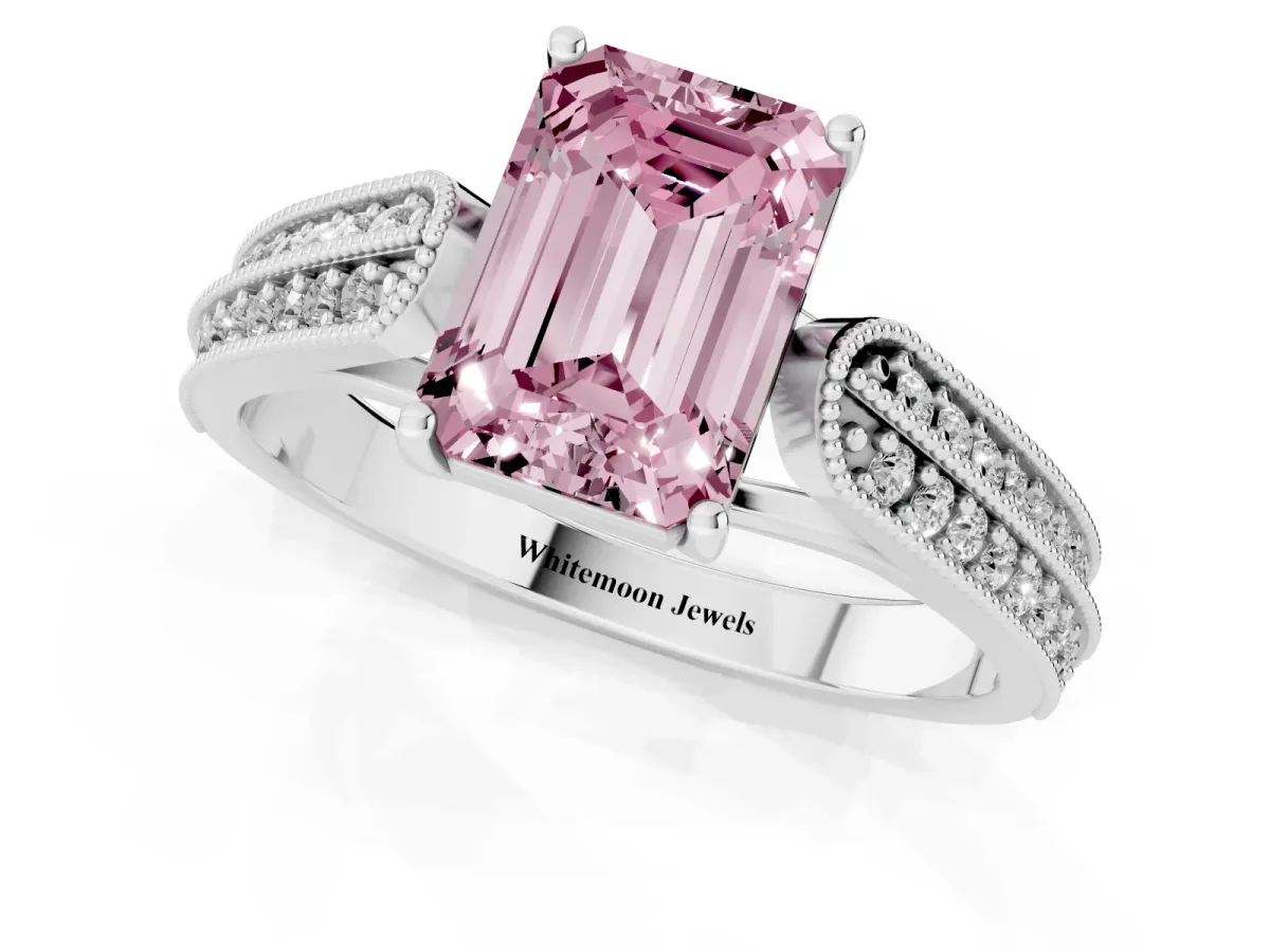 Fancy Pink Emerald Cut Cut Pave Split Shank Engagement Ring with Four-Prong Setting White gold