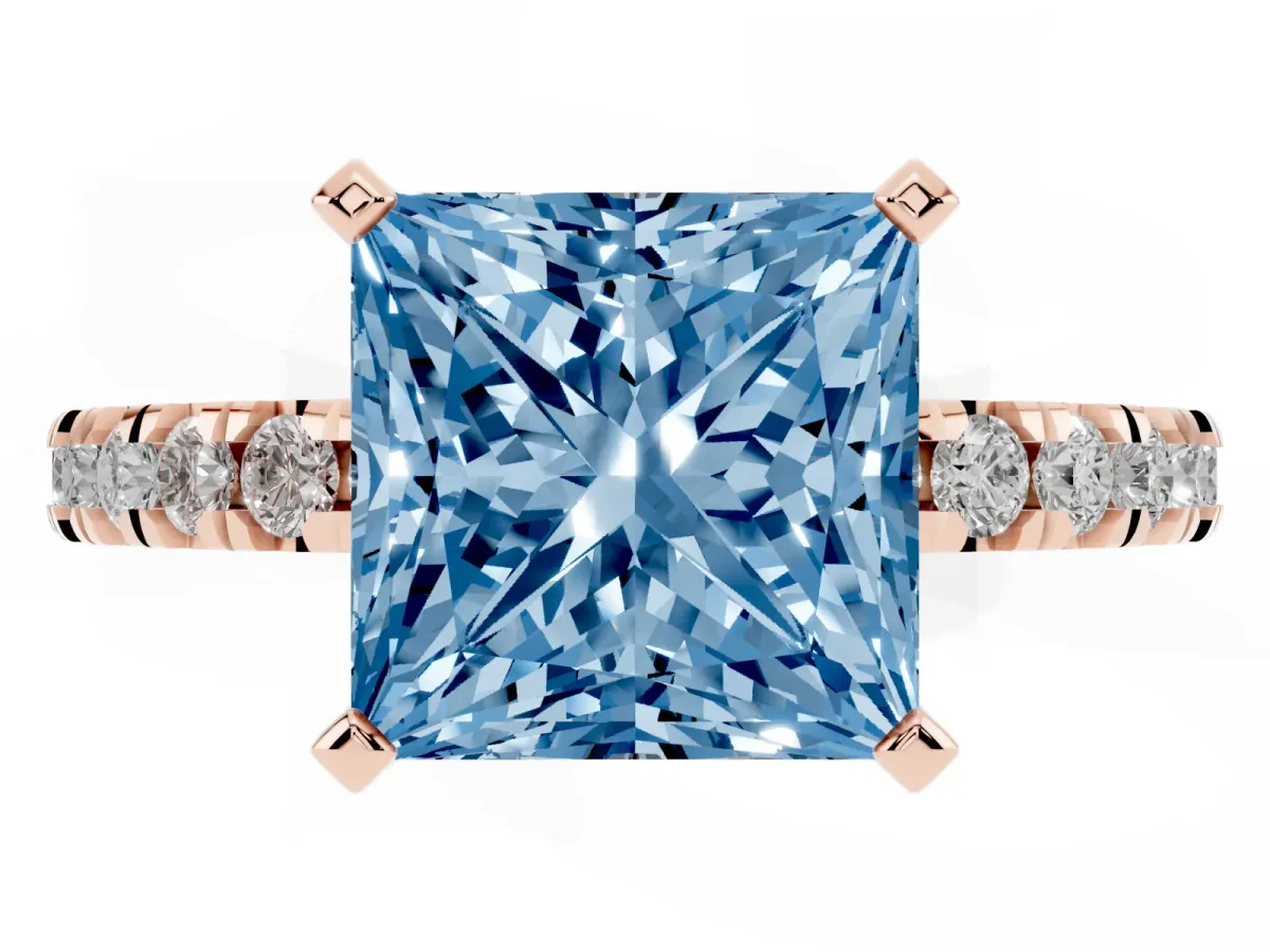 Fancy Blue Princess Cut Diamond Pavé Band Solitaire with Four-Prong Setting Rose gold