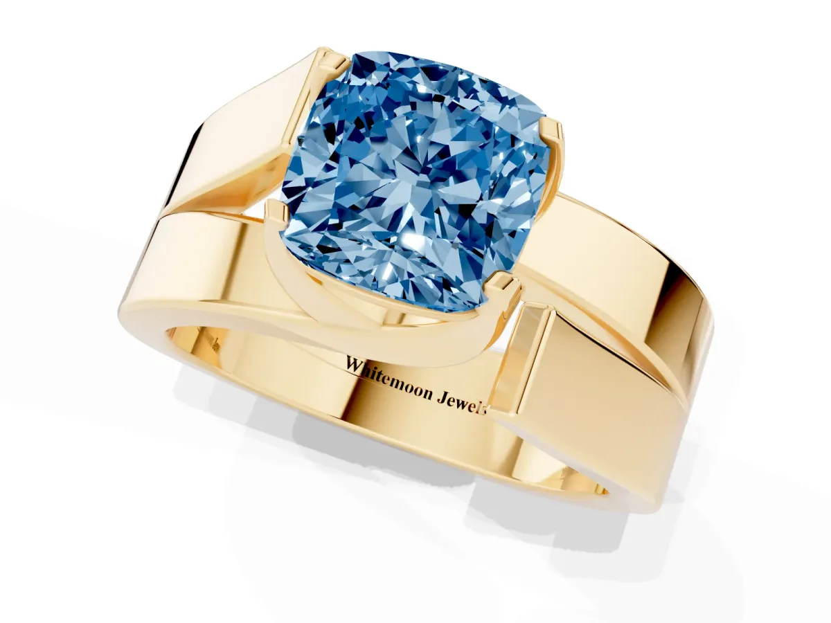 Fancy Blue Modern Tension Set Cushion Cut Diamond Solitaire Wide Band Ring Yellow gold