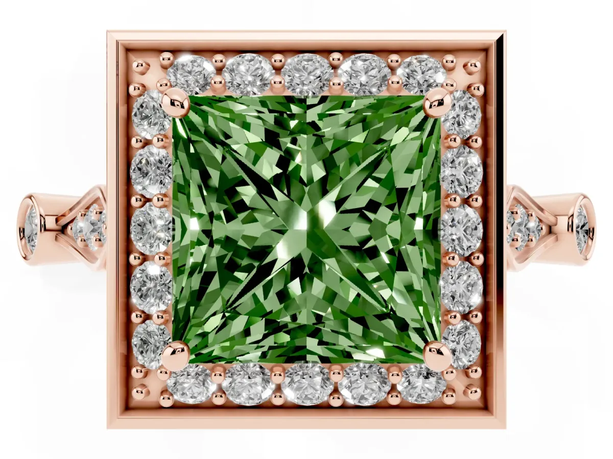 Fancy Green Princess Cut Halo Diamond Engagement Ring with Twisted Band and Four-Prong Setting Rose gold
