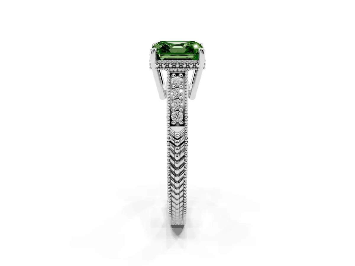 Fancy Green Asscher Cut Solitaire Pavé Diamond Milgrain Engagement Ring with Four-Prong Setting Silver