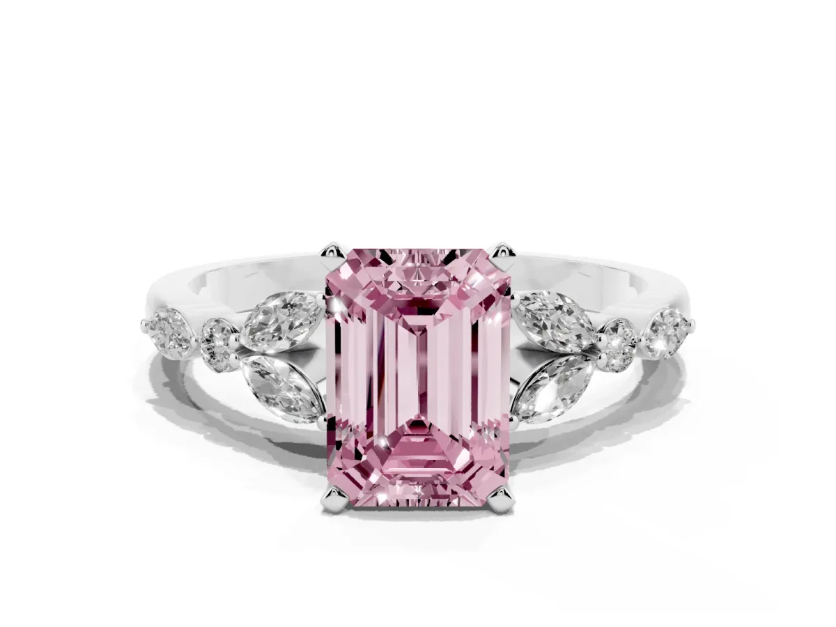 Fancy Pink Emerald Cut Diamond Solitaire Ring with Side Stones and Four-Prong Setting Silver