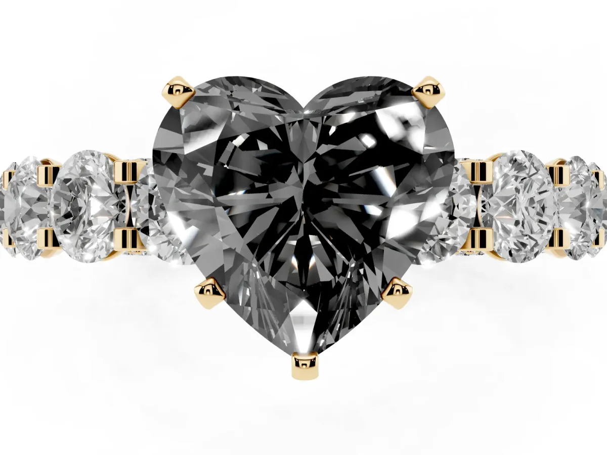 Fancy Black Heart Cut Diamond Side Stone Engagement Ring with Four-Prong Setting Yellow gold