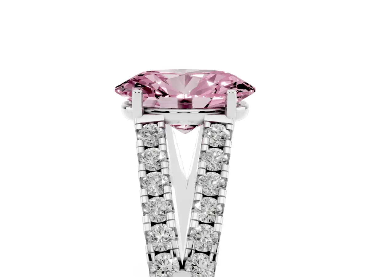 Fancy Pink Oval Cut Diamond Split Shank Engagement Ring with Round Pavé and Prong Setting Silver