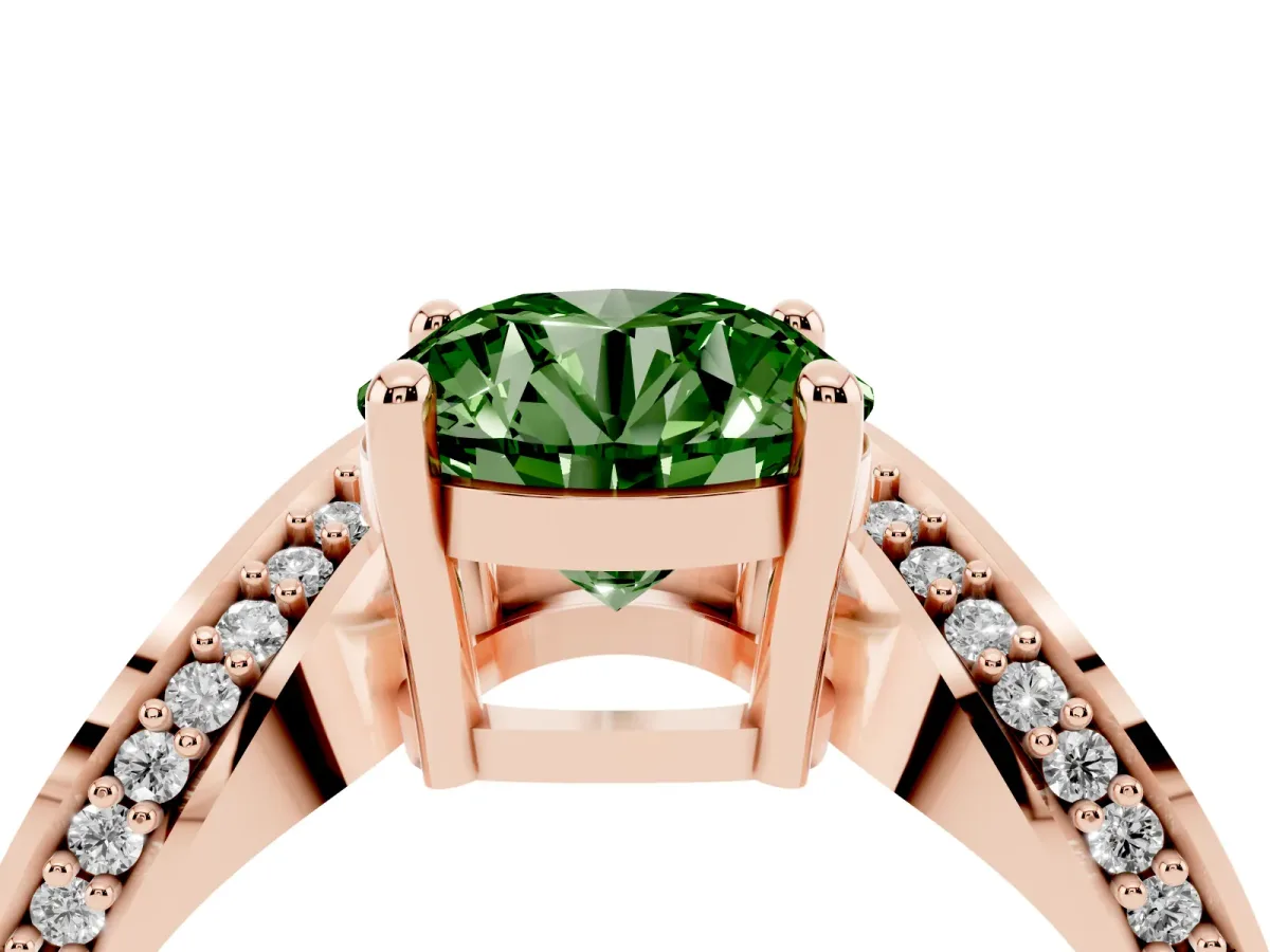 Fancy Green Round Cut Solitaire Diamond Engagement Ring with Pave Band and Four-Prong Setting Rose gold