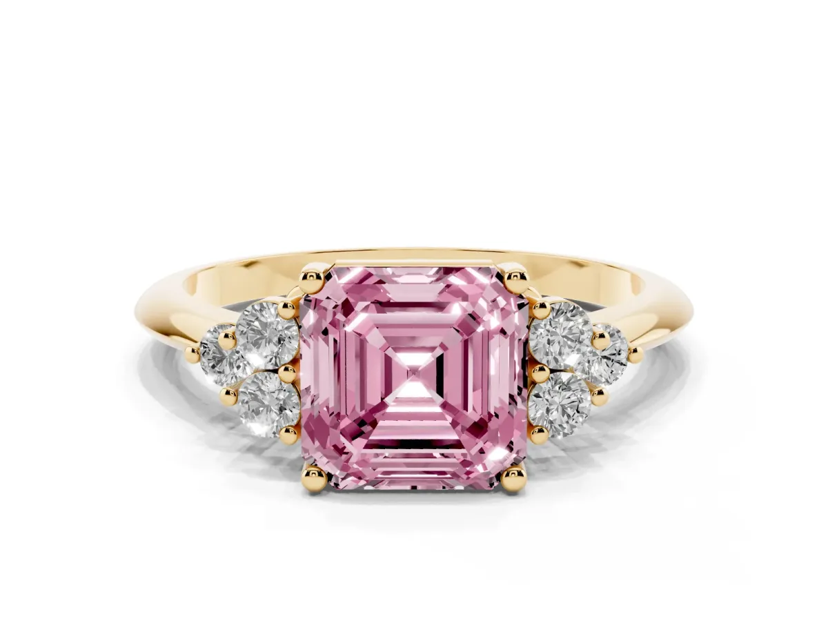 Fancy Pink Asscher Cut Cut Diamond Cluster Ring with Solitaire Band and Four-Prong Setting Yellow gold