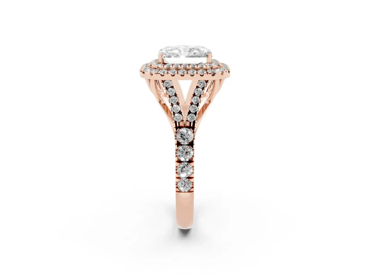Radiant Cut Cut Double Halo Split Shank Diamond Ring with Prong Setting Rose gold