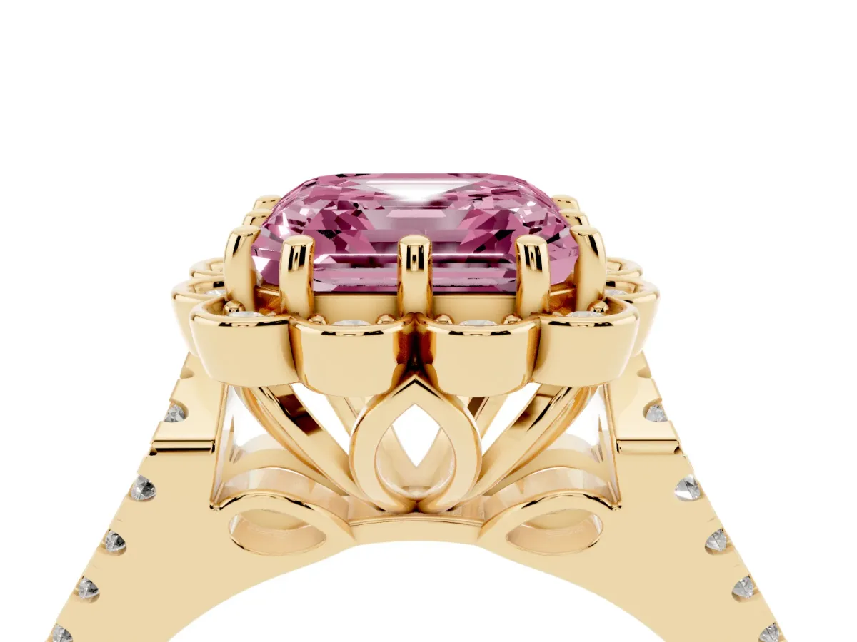 Fancy Pink Asscher Cut Halo Diamond Floral Split Shank Engagement Ring Yellow gold