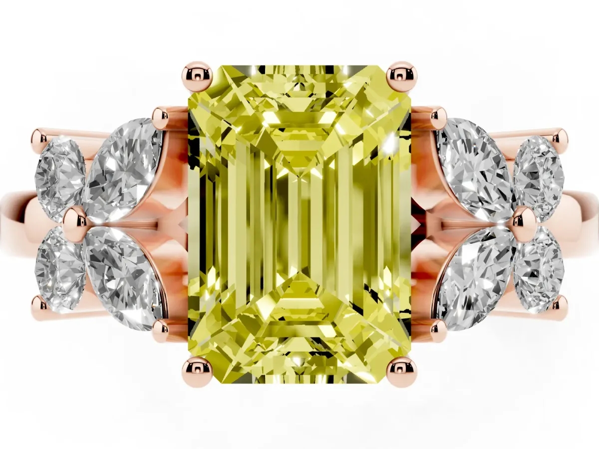 Fancy Yellow Emerald Cut Diamond Floral Cluster Ring with Solitaire Band and Prong Setting Rose gold