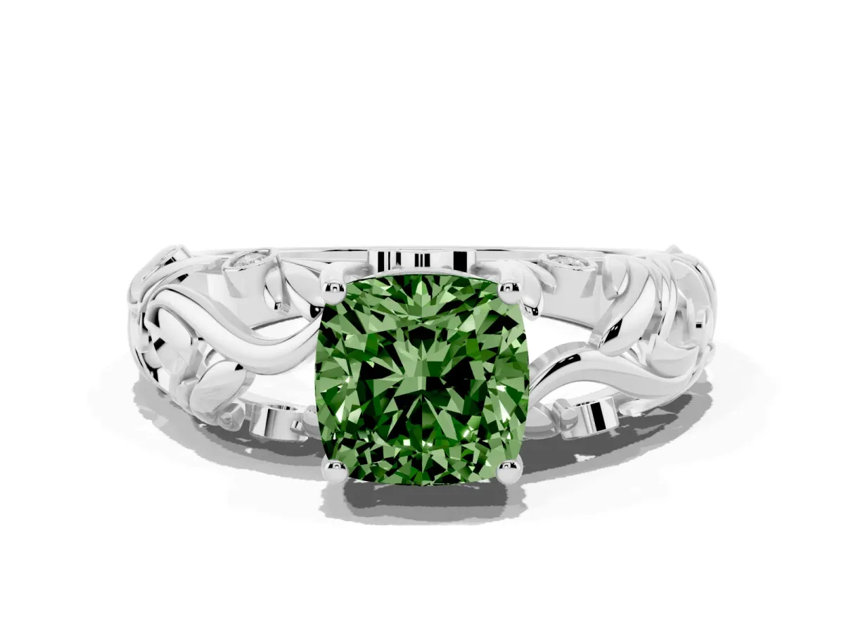 Fancy Green Cushion Cut Solitaire Diamond Leaf-Inspired Vine Band Ring with Prong Setting Platinum