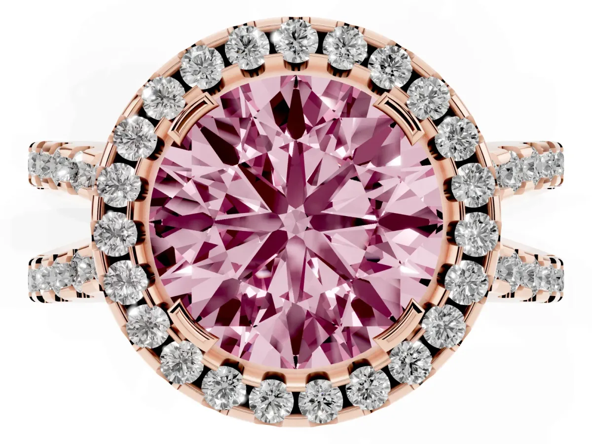 Fancy Pink Round Cut Diamond Halo Ring with Split Shank Pavé Band and Prong Setting Rose gold
