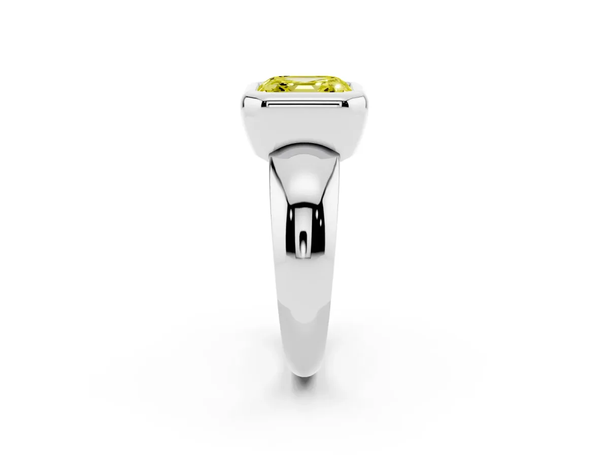 Fancy Yellow Bezel Set Asscher Cut Solitaire Ring with Wide Band Platinum