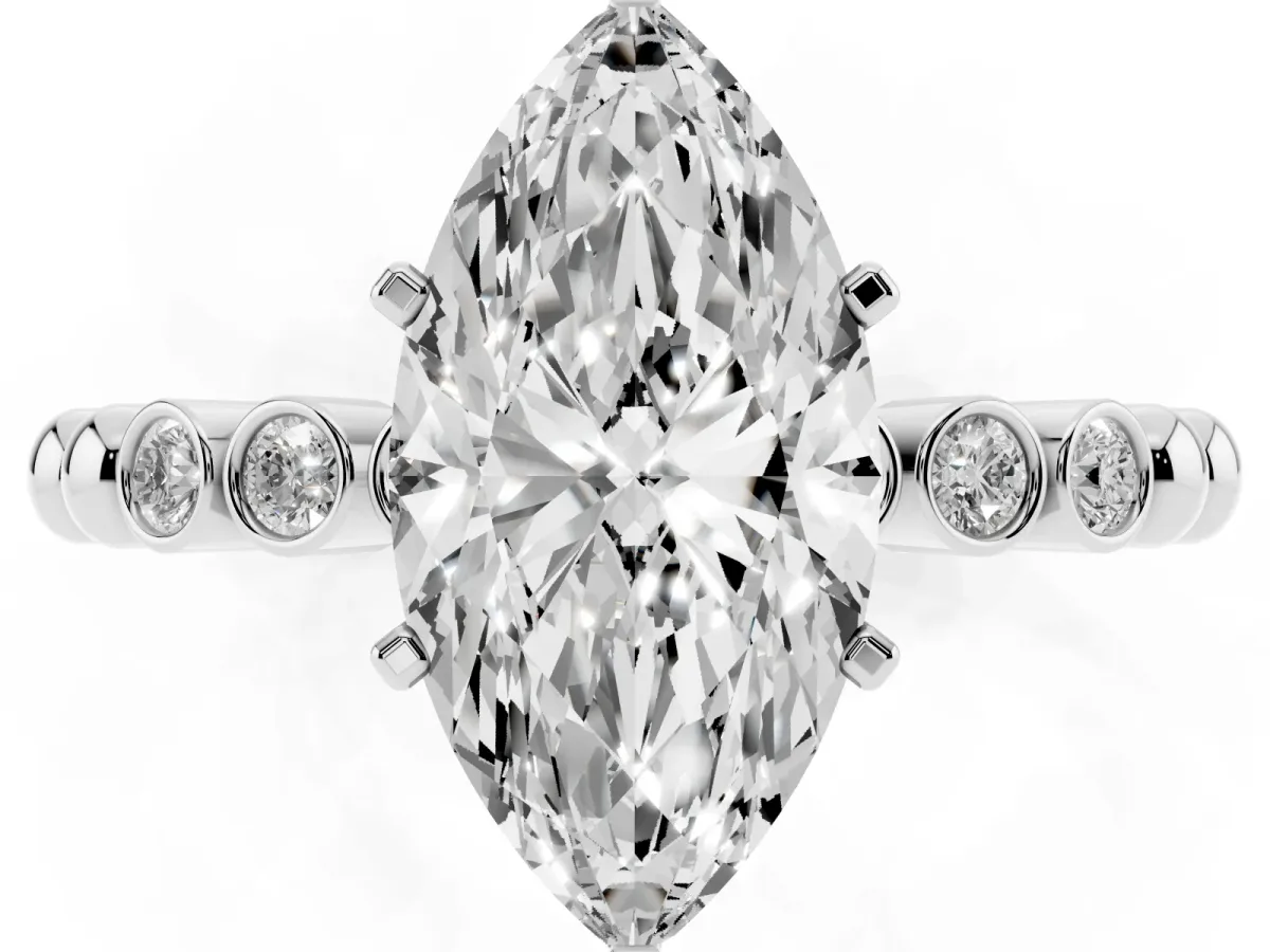 Marquise Cut Solitaire Bezel Accent Diamond Engagement Ring with Beaded Band and Four-Prong Setting Platinum