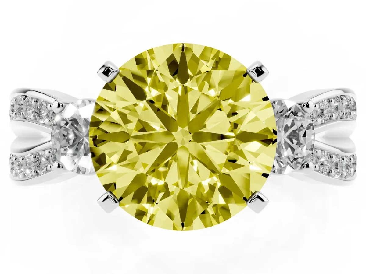 Fancy Yellow Three-Stone Round Cut Cut Diamond Twist Band with Prong Setting Platinum