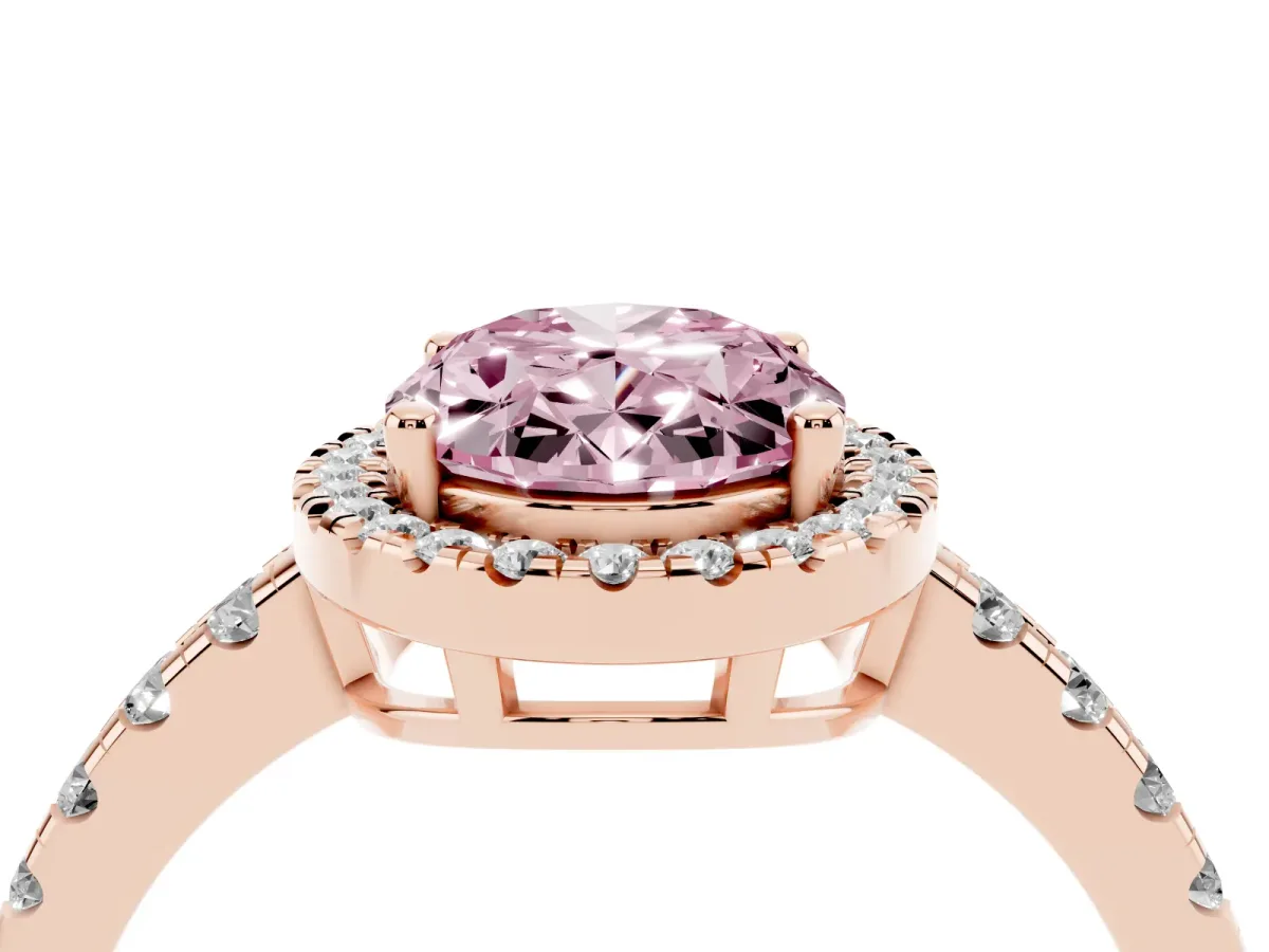 Fancy Pink Oval Cut Diamond Halo Ring with Pavé Band and Four-Prong Setting Rose gold
