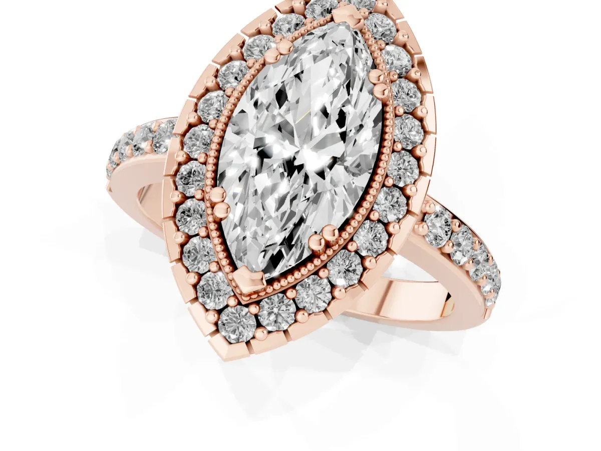 Marquise Cut Diamond Halo Ring with Pavé Band and Prong Setting Rose gold