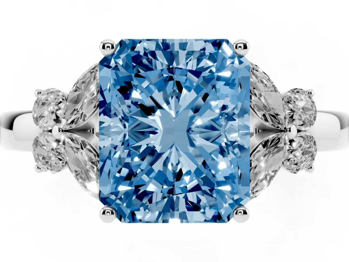 Fancy Blue Radiant Cut Cut Solitaire Floral Diamond Ring with Four-Prong Setting Silver