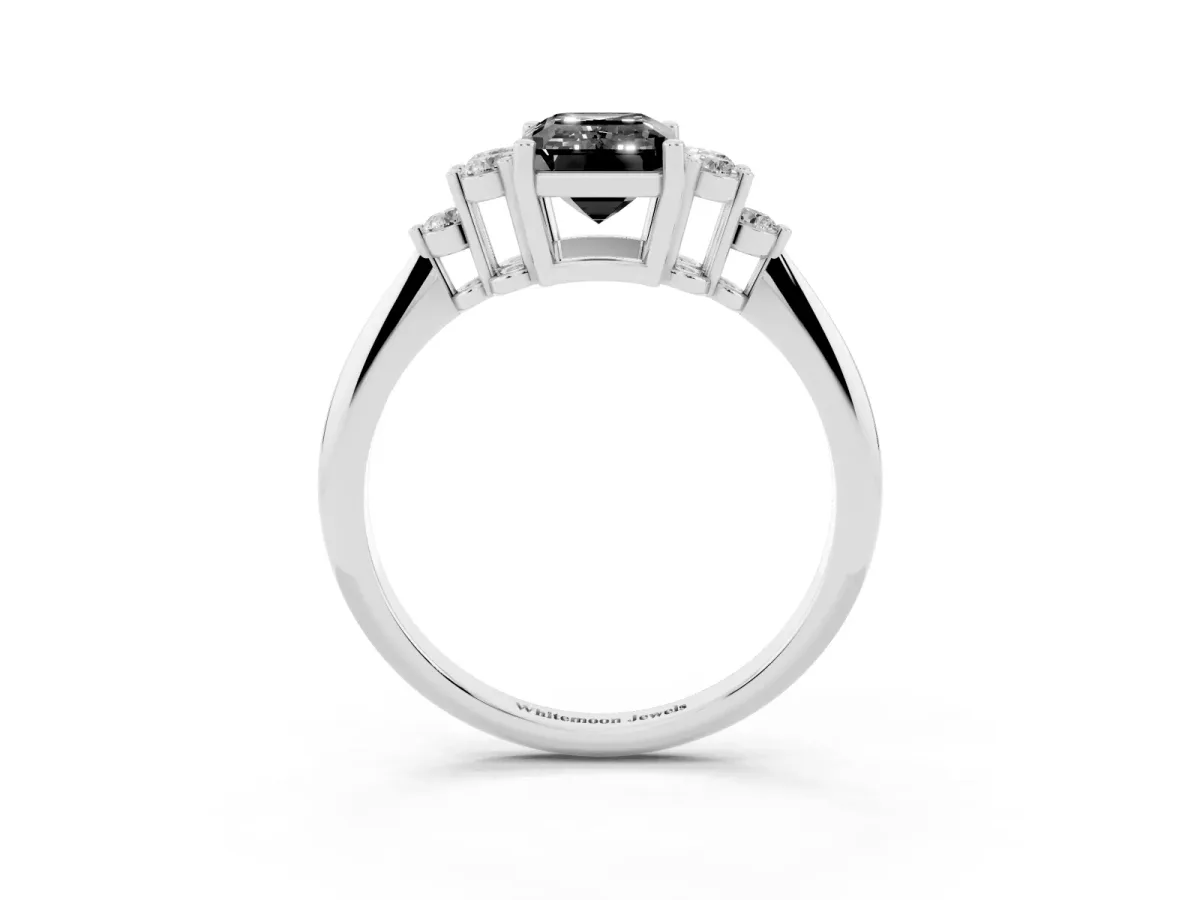 Fancy Black Emerald Cut Cut Diamond Cluster Ring with Solitaire Band and Four-Prong Setting Silver