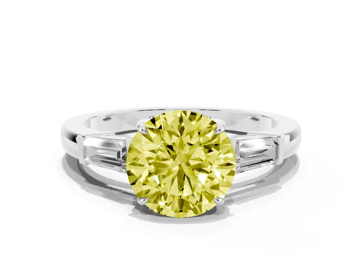 Fancy Yellow Round Cut Diamond Three-Stone Ring with Tapered Baguette Side Stones and Prong Setting Silver